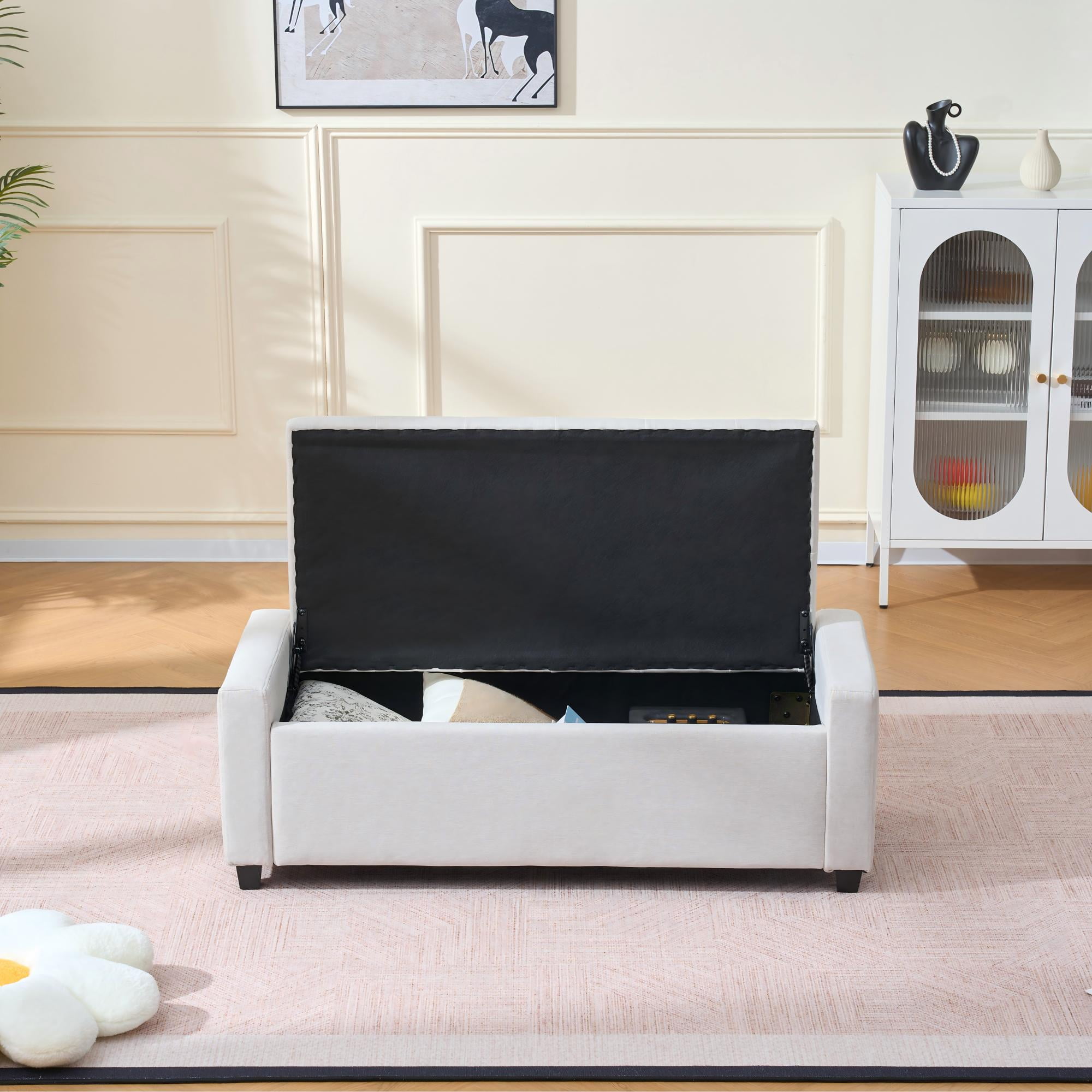 Storage Ottoman Bench with Safety Hinge, Upholstered Entryway Bench with Button Tufting, Diamond Stitching and Wood Frame, Fabric Storage Seat for Living Room and Bedroom End of Bed, 48 Inch, Beige