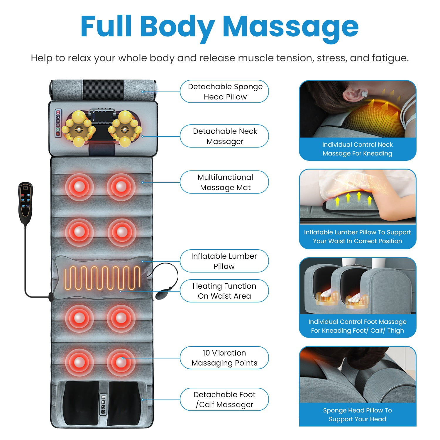 Full Body Electric Massage Mat with Heat, Vibration Massage Pad for Back, Neck, Foot & Lumbar Support, Foldable Cushion Mattress with Timer & Adjustable Intensity for Home Office