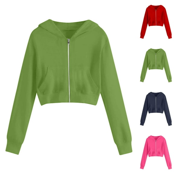 Fjofpr Zip Sweatshirts for Women with Hood Women's Solid Color Zipper Pockets Sweatshirt Long Sleeve Hooded Casual Outwear Jacket Green L