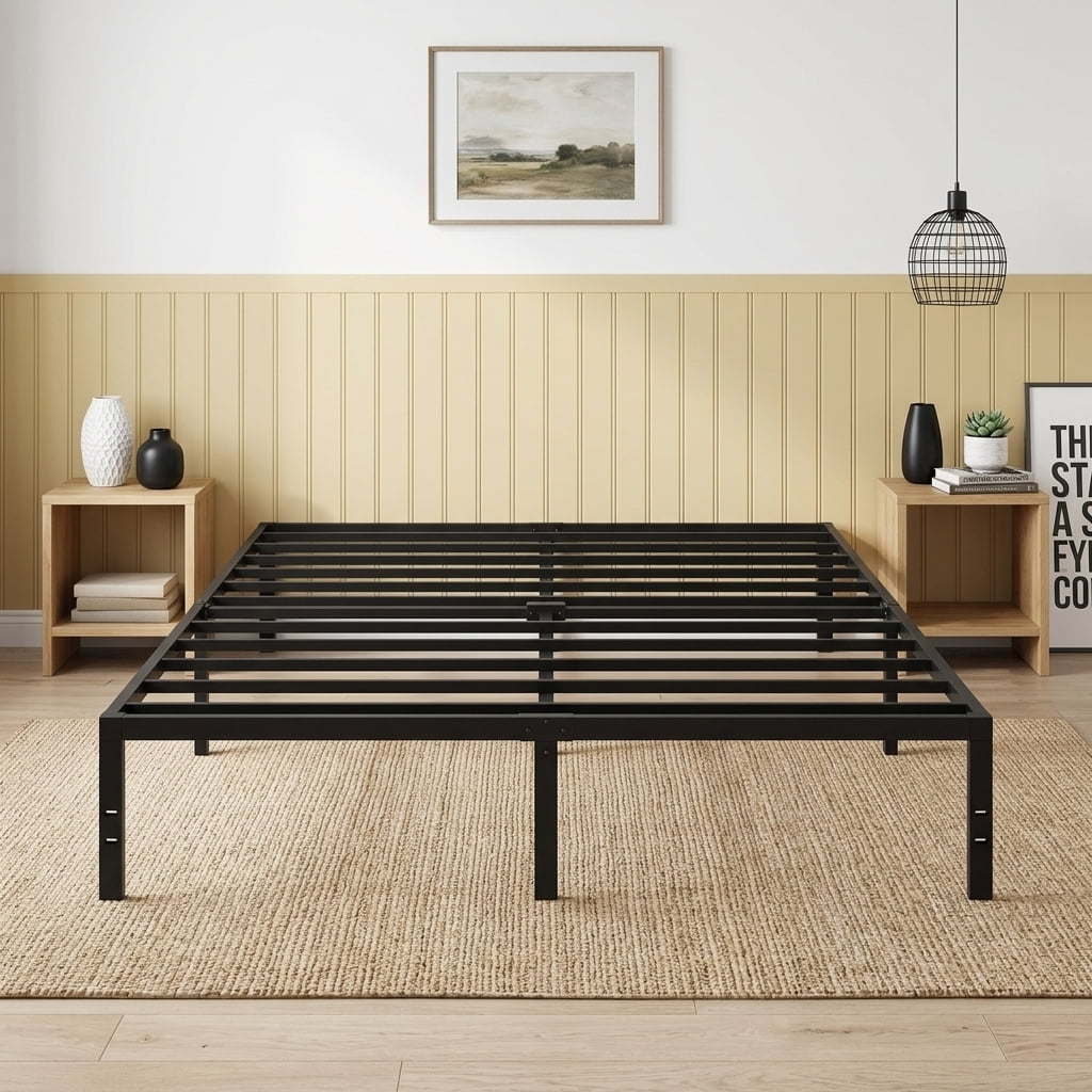 LEDREM King Size Metal Frame, Heavy-Duty Platform Bed with Under-Bed Storage, Easy Assembly for Bedroom, Black