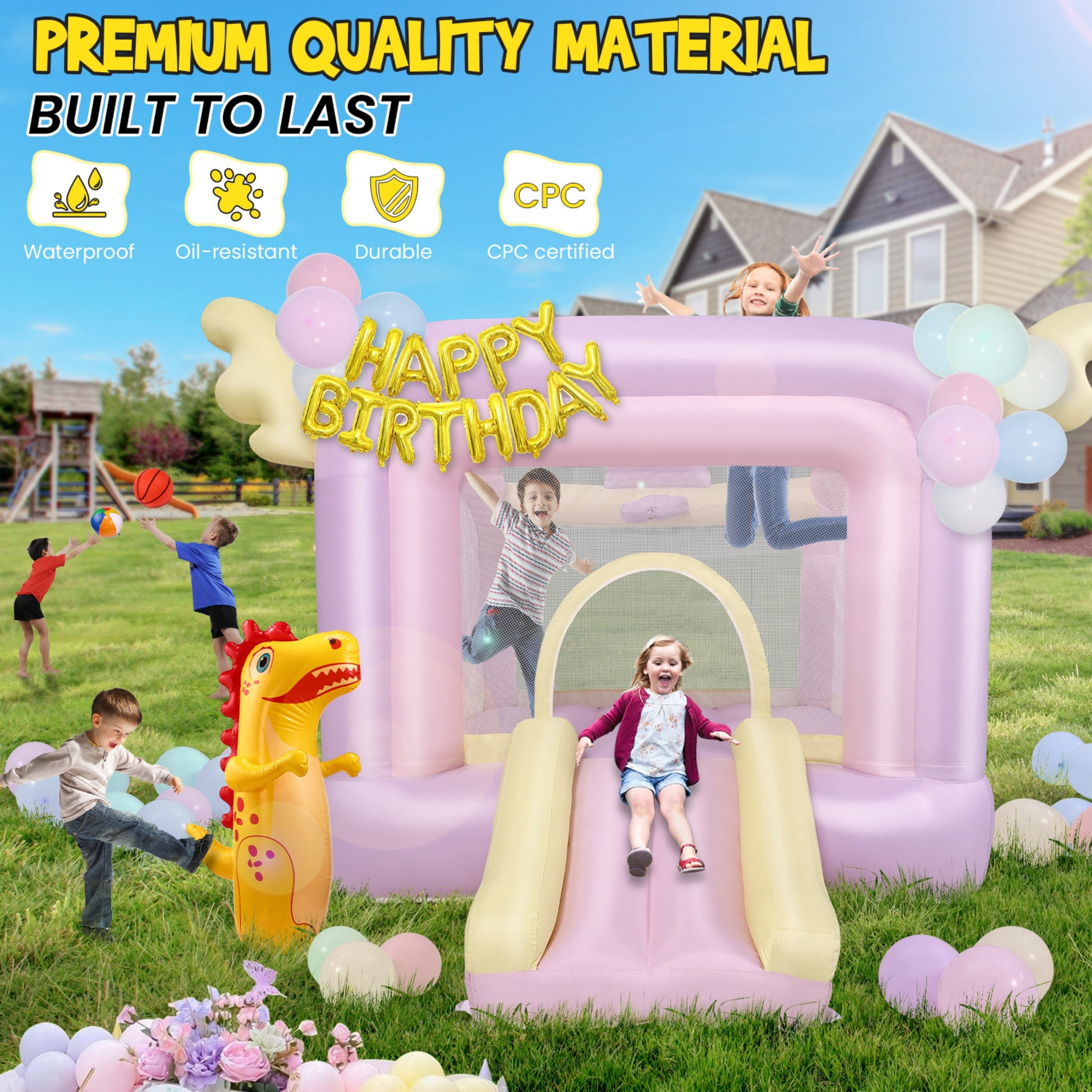 Funcid Inflatable Bounce House for Kids 106"x85"x80" - Macaron Jumping Castle with Slide, Basketball & Complete Party Kit