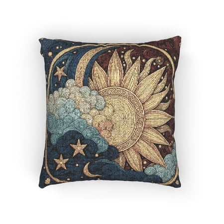 Gold Sun Crescent Moon Stars and Clouds Decorative Woven Pillow Deep Blue Burgundy and Teal Celestial Style