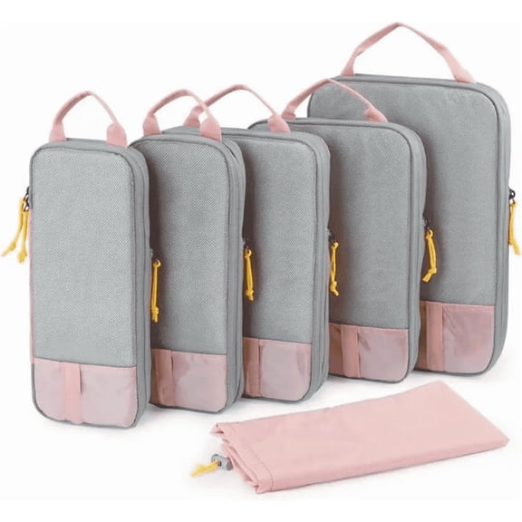 FAKYFJ Compression Packing Cubes for Travel, 6 Pcs Expandable Foldable Lightweight Packing Organizers for Luggage and Suitcases, Baby Pink