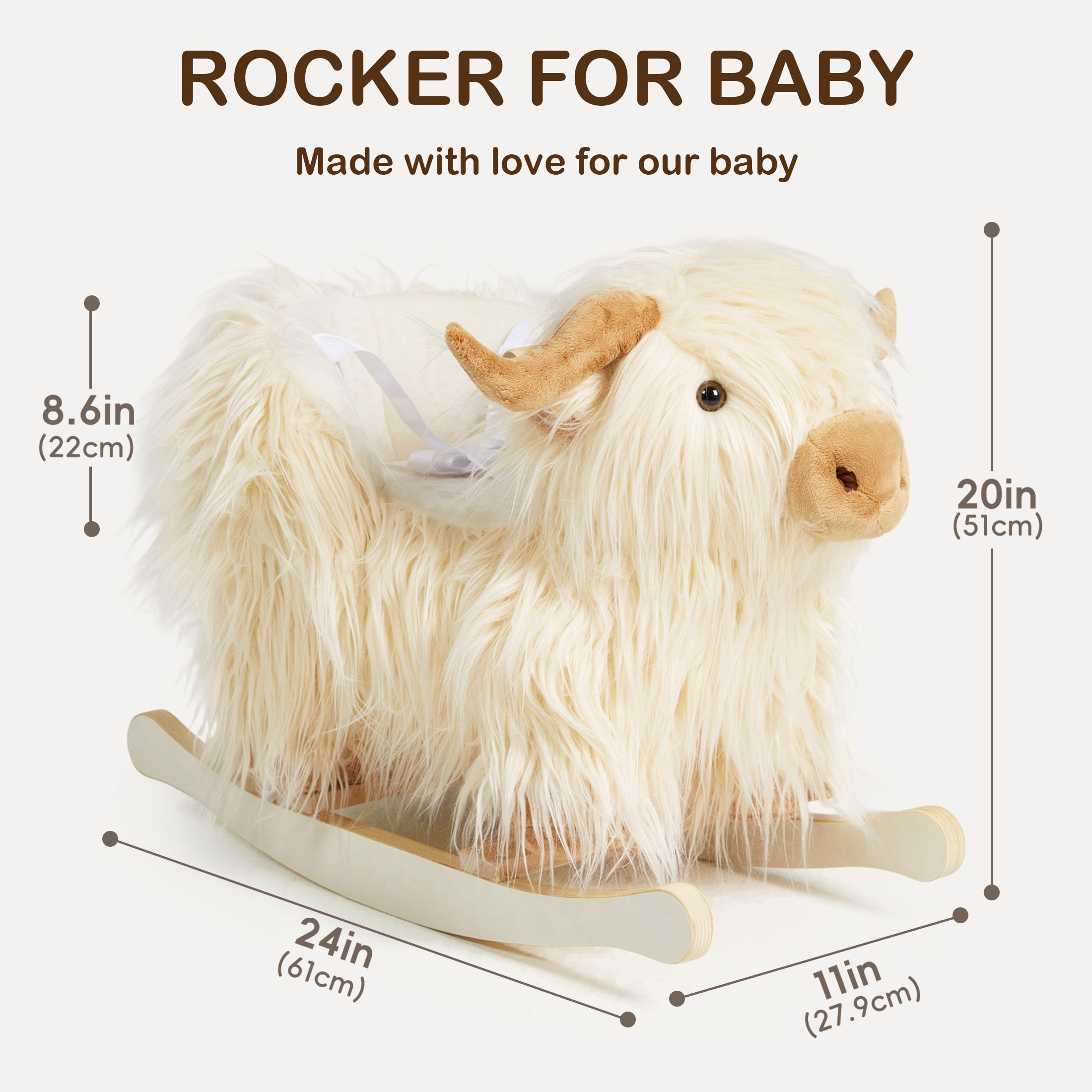 Jolie Vallee Baby Rocking Horse Kids Ride on Horse Highlander Cattle Rocker for Toddlers 1 Year Old Cute Dog Stuffed Plush Ride-on Toy for Child Christmas or Birthday Gift White