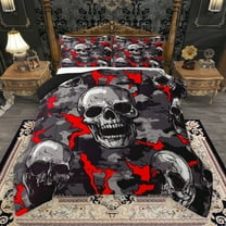 Manfei Gothic Skull Skeleton Queen Comforter Set,Spooky Halloween Bedding Sets,Red Gray Bedding Comforter Set For Boys Kids,Microfiber Bedroom Decor Reversible,3-Piece