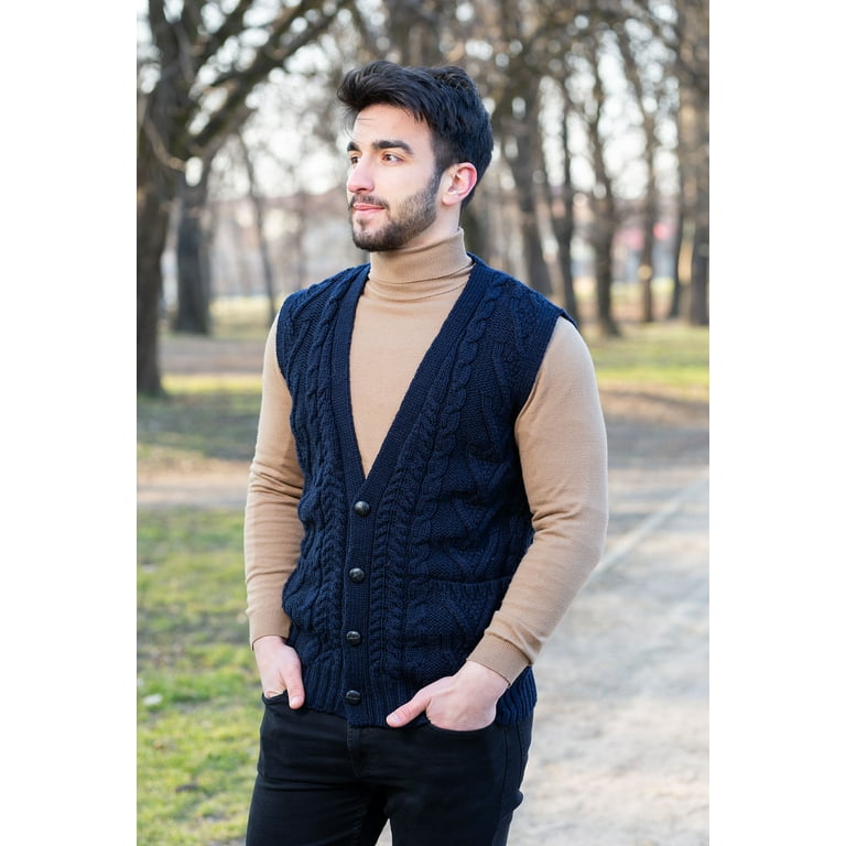 Irish Aran Cable Knit Vest, 100% Merino Wool Fisherman Cardigan,  Traditional Aran Sleeveless Open Sweater, Ireland Knitted Cardigan Vest 