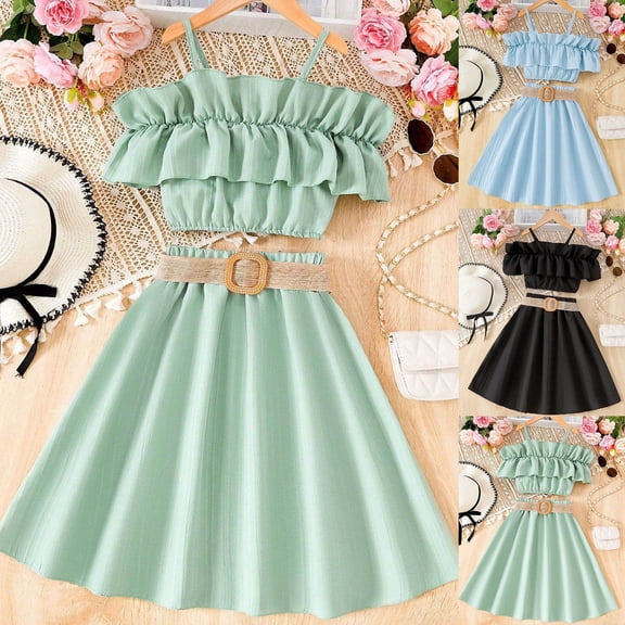 RTKFRFLM Girls 3-Piece Summer Set Solid Camisole Ruffle Top with Skirt and Belt Blue 9-10 Years
