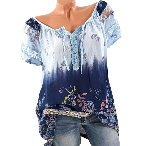 Qarigey Blusa Camisa de manga corta con estampado Blusa con cuello en V Blusa suelta con estampado de manga corta Top de verano para mujer Prendas para la parte del cuerpo Azul claro XL Qarigey AP001925-60