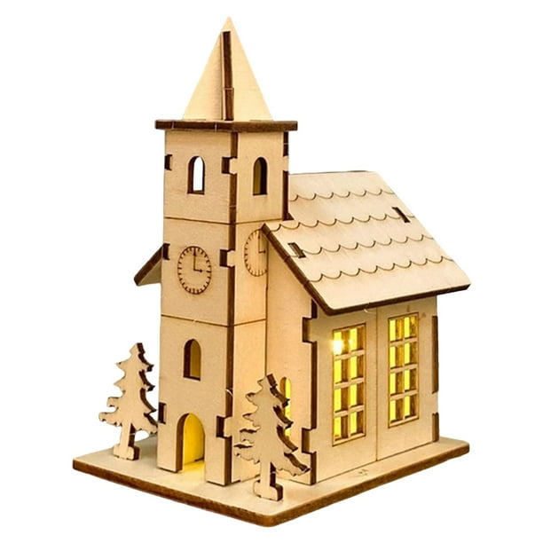 Kit de casas de villana de madera iluminadas para manualidades - decoración navideña hecha a mano con un resplandor suave para la repisa, la mesa o el regalo
