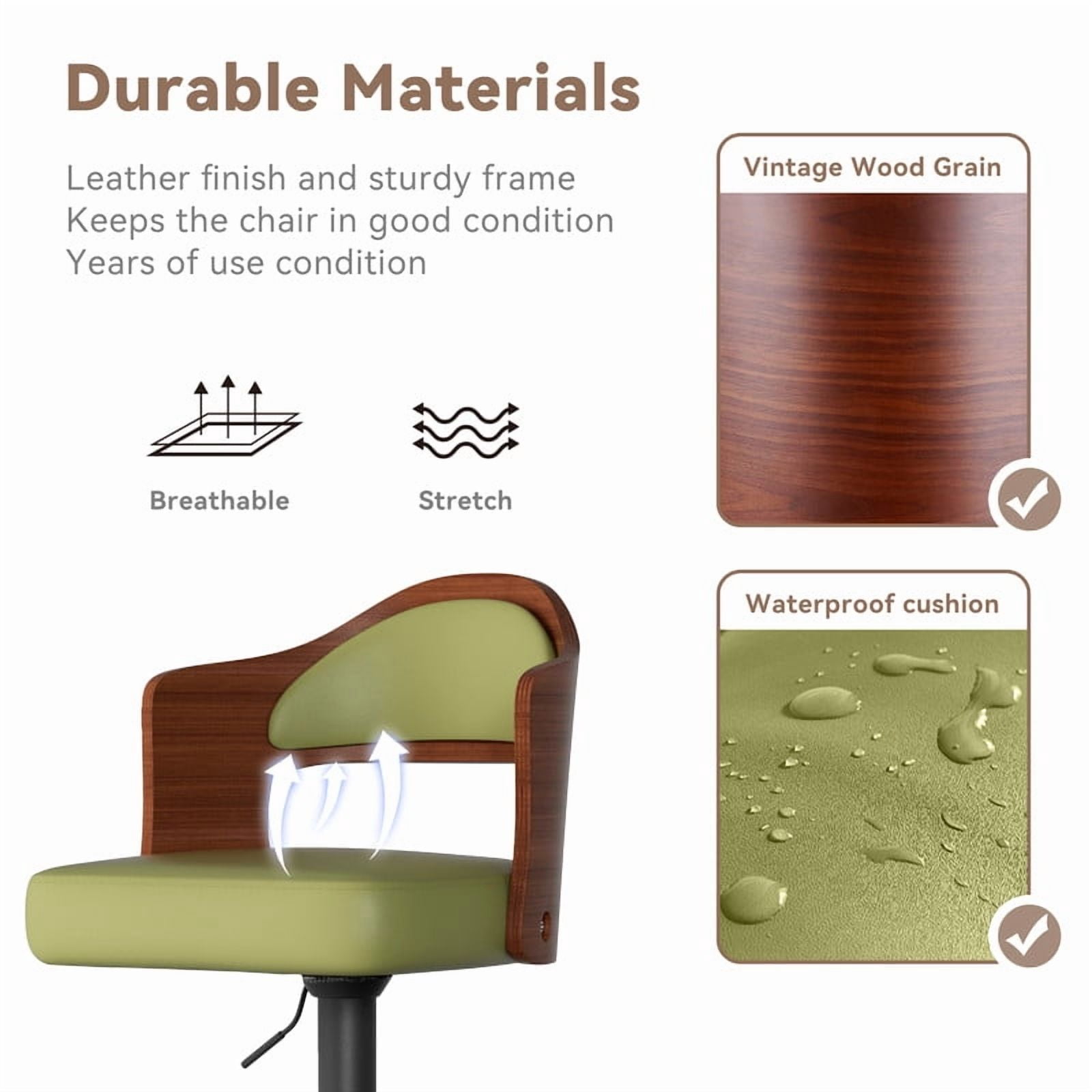 Daluvenix Swivel Bar Stools Set of 2, Wooden Kitchen Bar Chairs with Back, PU Leather Counter Height Barstools for Kitchen Island, Green