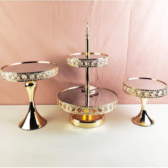 8 Inches Gold Round Mirror Cake Stand with Crystals Metal Pedestal for Wedding Party Dessert Display