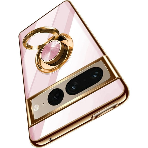Googleh Pixel7a Case Slim Thin Finger Ring Stand Electroplated Silicone Soft Flexible TPU Frame Shock-Absorption Bumper Cover Phone Cases-Pink