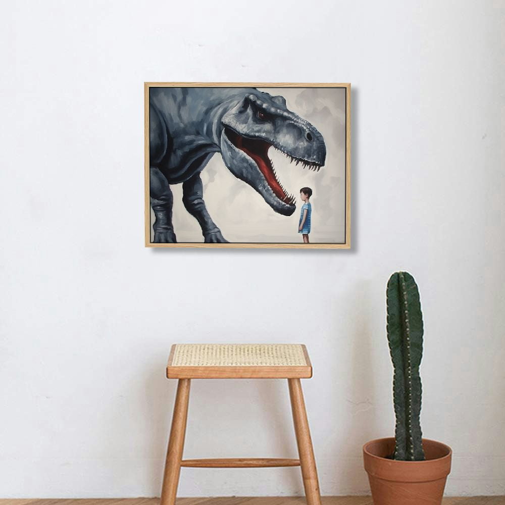 JRXY Dinosaur Canvas Wall Art - Cute Baby Boy Touching Dinosaur - Stretched and Framed Ready to Hang - Artworks Pictures for Home Bathroom Kids Room Bedroom Decor Picture 3