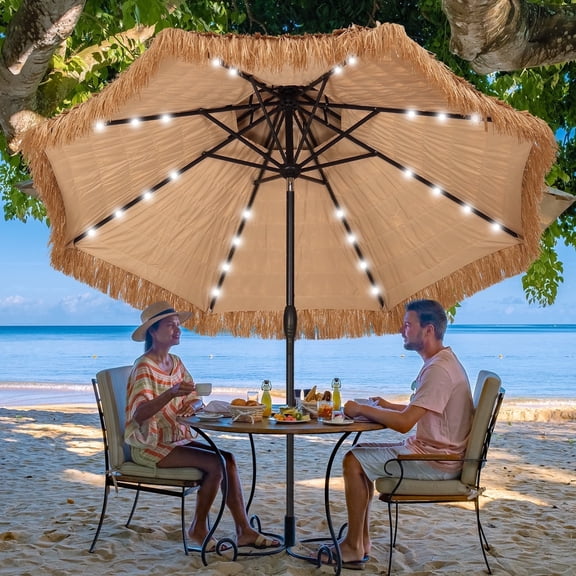 Ainfox 9ft Double Tiers Solar LED Lights Thatched Tiki Umbrella for Outdoor, Pool, Patio, Beach