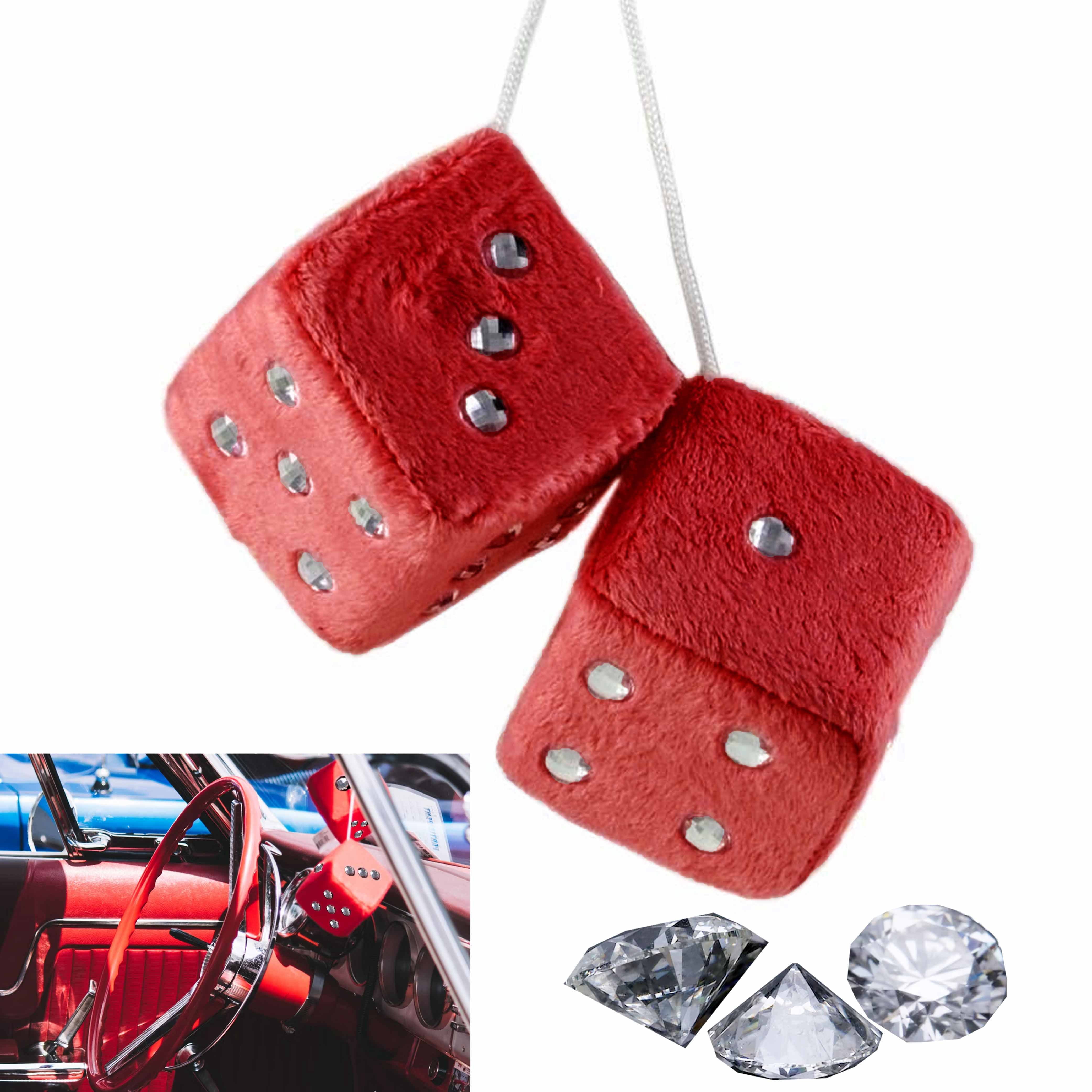 Pair Of Red & Black Fuzzy Plush Dice Car Hanging Ornaments - 3 Inch Soft Mirror Dice With Suction Cup, Retro Car Decor