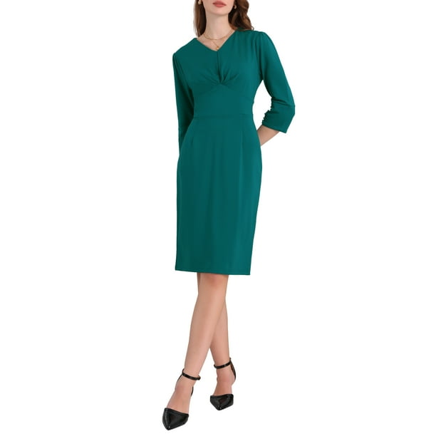 INSPIRE CHIC Vestido Lápiz de Manga 3/4 para Mujeres con Escote en V y Pliegues Frontales, Vestido Vintage para Trabajar, Talla XL, Azul Verde