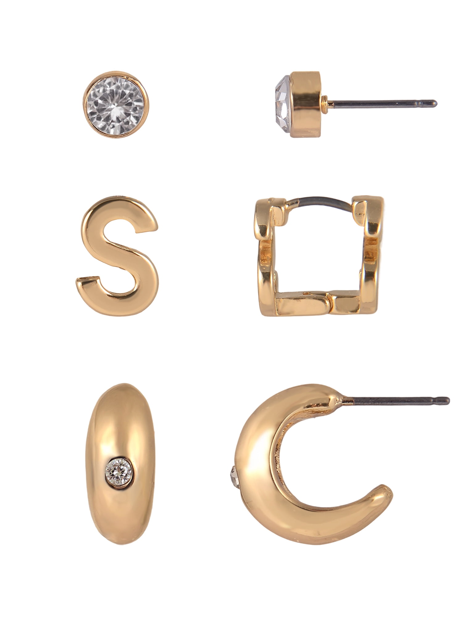 Time and Tru Goldtone 3-On Crystal Stud, Hoop, Initial "S" Earring Set