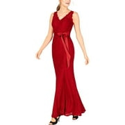 Adrianna Papell Scalloped V-Neck Sleeveless Tie Waist Embroidered Zipper Back Lace Dress-CRIMSON / 14