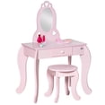 thumbnail image 1 of Qaba Kids Vanity Table Set with Mirror and Stool, Drawer, Pink, 1 of 10