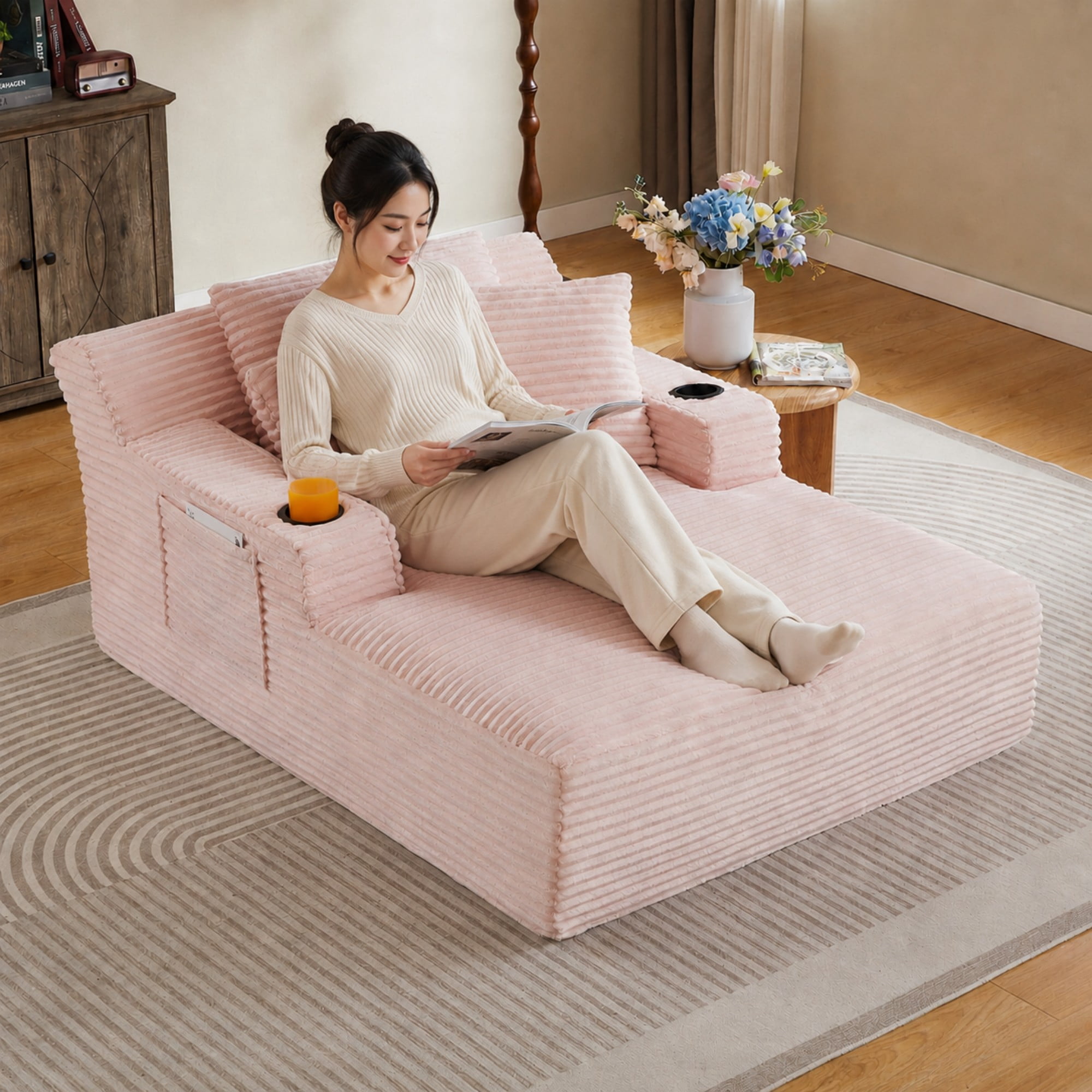 BSHTI 66.1" Corduroy Oversized Chaise Lounge Chair with Cup Holder, Side Pockets and Boneless Design for Living Room（Pink）