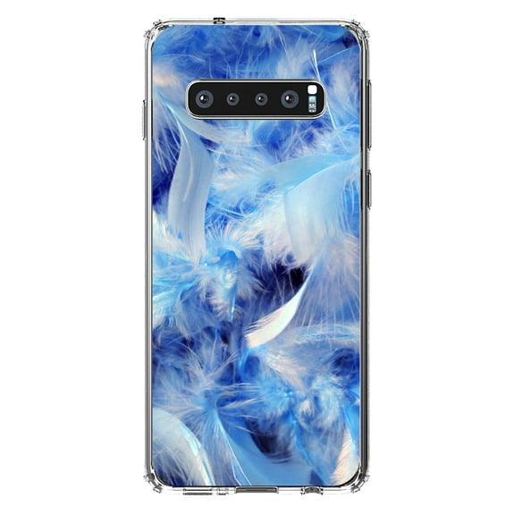 DistinctInk Clear Shockproof Hybrid Case for Samsung Galaxy S10 (6.1" Screen) - TPU Bumper, Acrylic Back, Tempered Glass Screen Protector - Blue Feathers