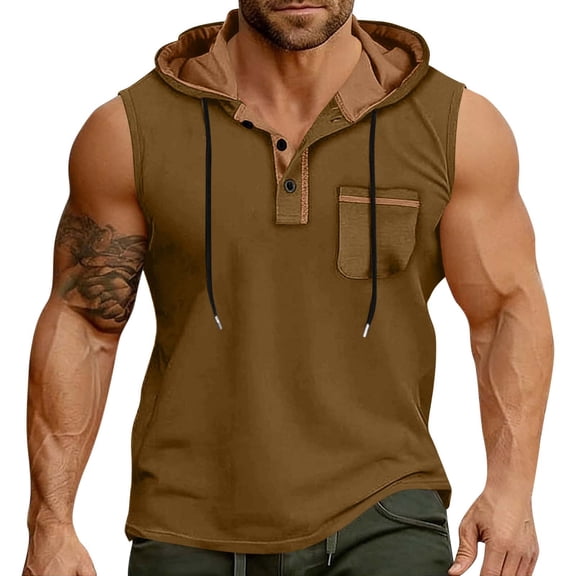 HappyYEE Men's Hooded Tank Tops Pullover Sleeveless Shirts with Drawstring Workout Gym Training Athletic Tank Top Brown XXL