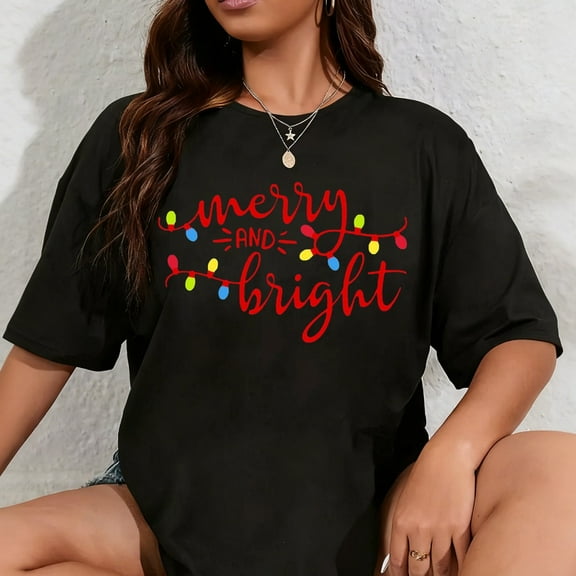 100% Cotton Christmas Shirts Womens Merry and Bright Shirt Xmas Holiday Tshirt Christmas Lights Tee Tops