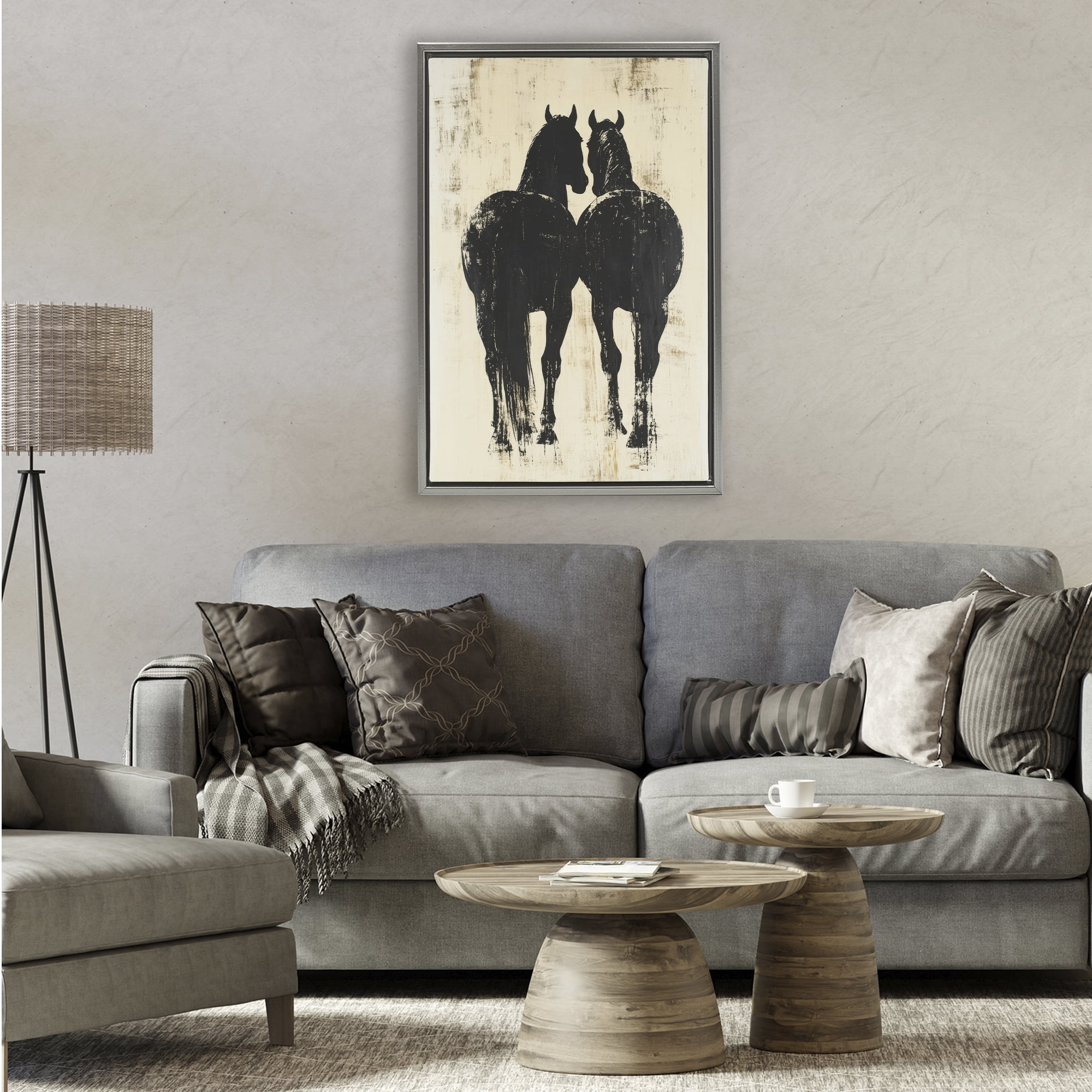 Stupell Industries Twin Horses Facing Away Gray Framed Floater Canvas Wall Art, design by Petal Prints Design