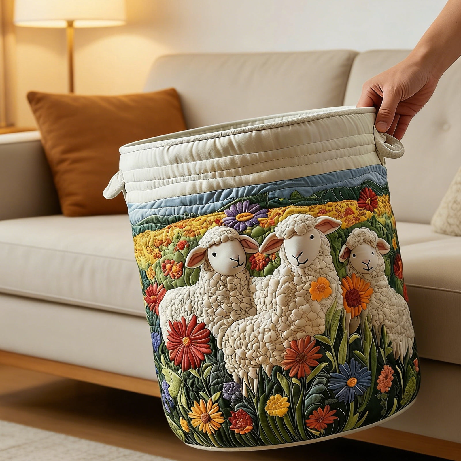 Yucurem Boho Fabric Floral Storage Hamper with Handle, Quilted Laundry Basket for Nursery Bedroom Laundry Room Clothes Toys (Little Lambs)