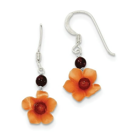 - Sterling Silver Resin Shepherd hook Garnet Bead Carnelian Dangle Flower Earrings