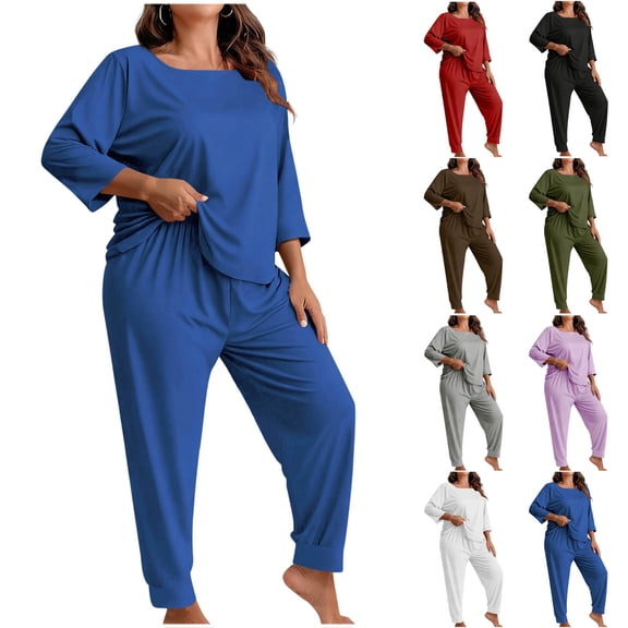 YUANxueke Women 2 Piece Plus Size Matching Sets Loose Fit 3/4 Sleeve Tops and Capri Pants Soft Comfy Casual Summer Vacation Outfits XL-5XL