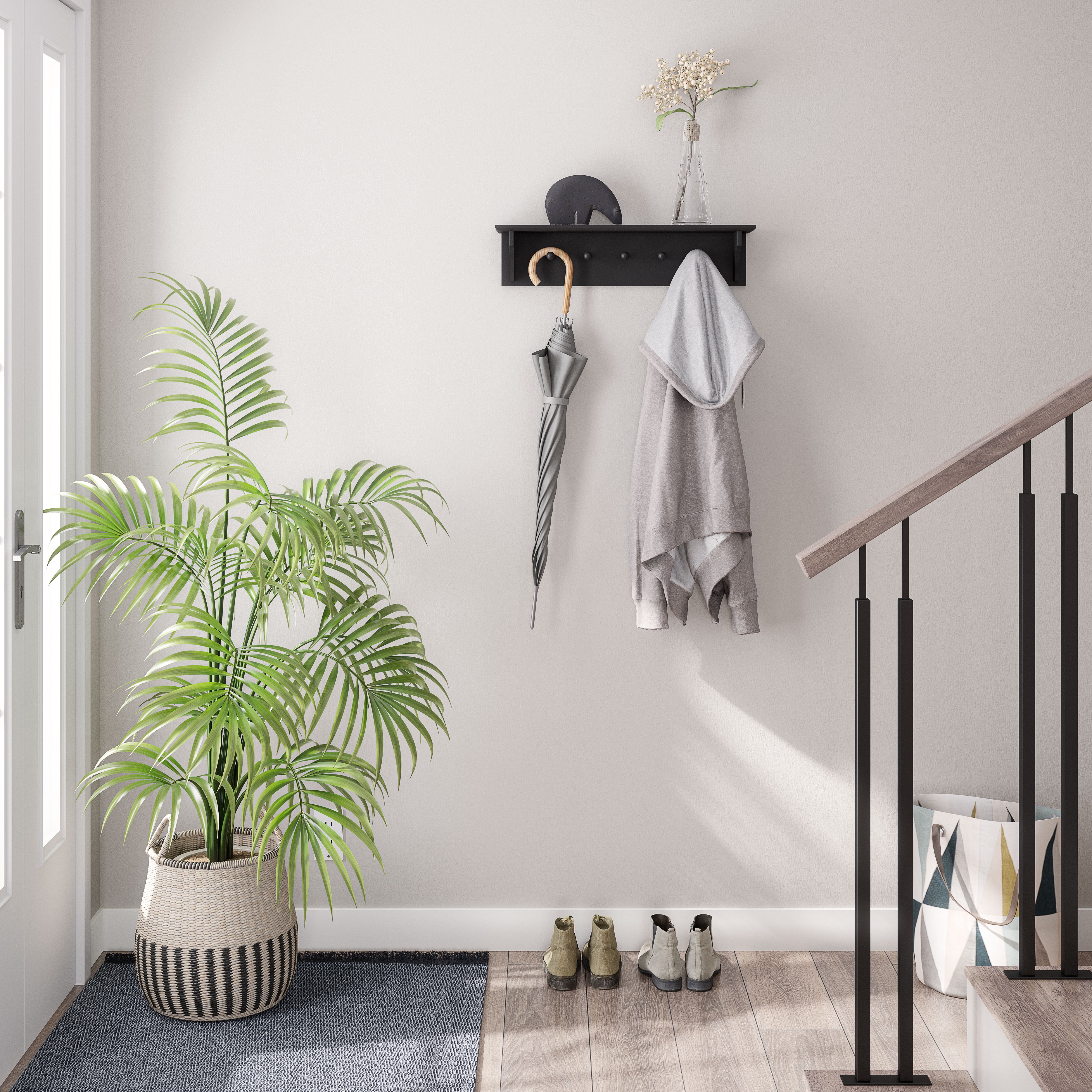 Ballucci Wall Coat Rack Shelf, Entryway Floating Shelf Rack, 5 Pegs, 24", Black