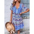 thumbnail image 4 of Women'S V Neck Patchwork Dress Bohemian Print Mini Skirt Summer Casual Beach Chic Blue L, 4 of 8