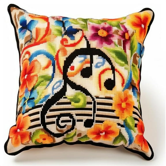 Music Notation Latch Hook Kits Pillow with Printed Canvas Cushion Embroidery Crochet Yarn Hooking Kit Pillowcase for Home Christmas Decoration 43x43cm