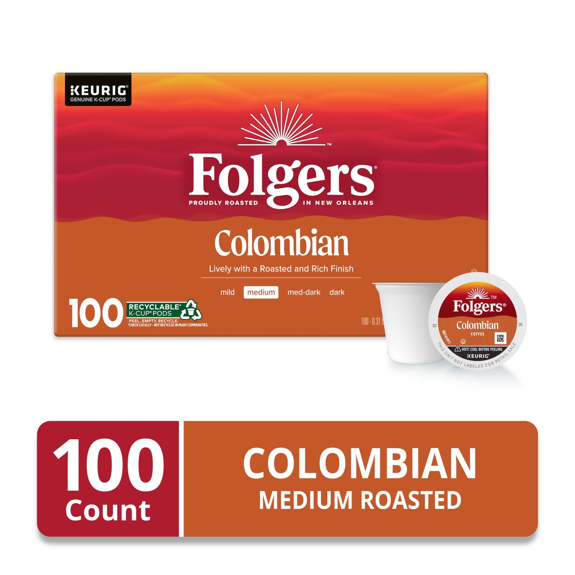 Folgers Colombian Coffee, Medium Roast, Keurig K-Cup Pods, 100 Count Box