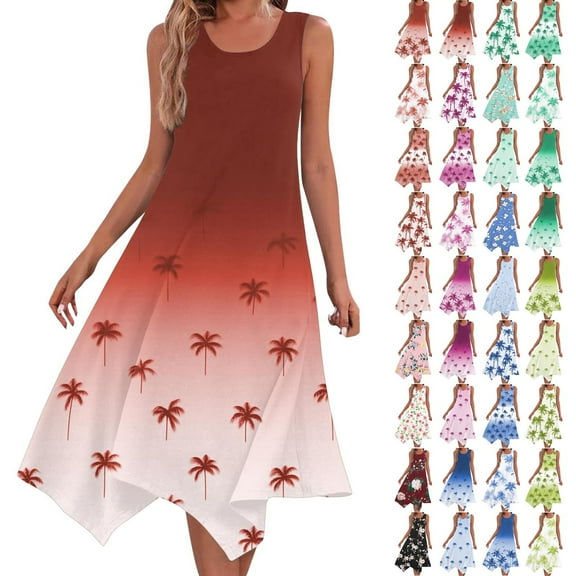 Horkkom Summer Dresses for Women Hawaiian Print Sleeveless Beach Dresses Casual Boho Tank Midi Dresses