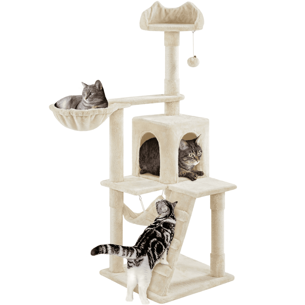 Alden Design 54" Cat Tree with Hammock, Basket and Scratching Post Tower, Beige