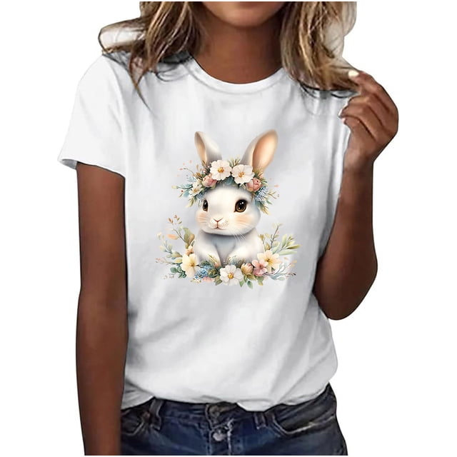 KIHOUT Chemises de Pâques pour Femmes Liquidation Mode Blouse à Manches Courtes Imprimée Lapin Col Rond Hauts Décontractés Aubaines
