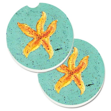 Starfish on Teal Set of 2 Cup Holder Car Coasters