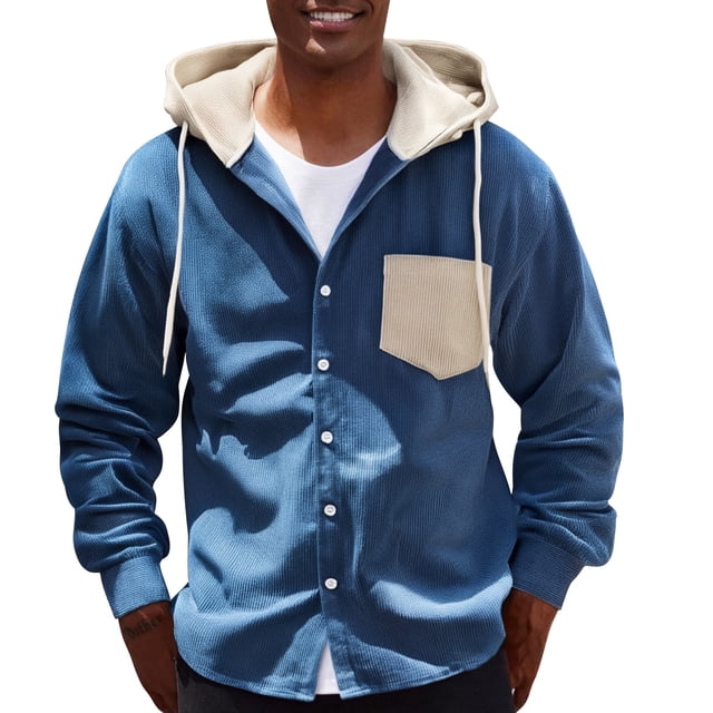 Men's Fall Spring Hooded Corduroy Shirt Jacket - Long Sleeve Button Down Shacket with Chest Pocket, Adjustable Cuffs & Curved Hem