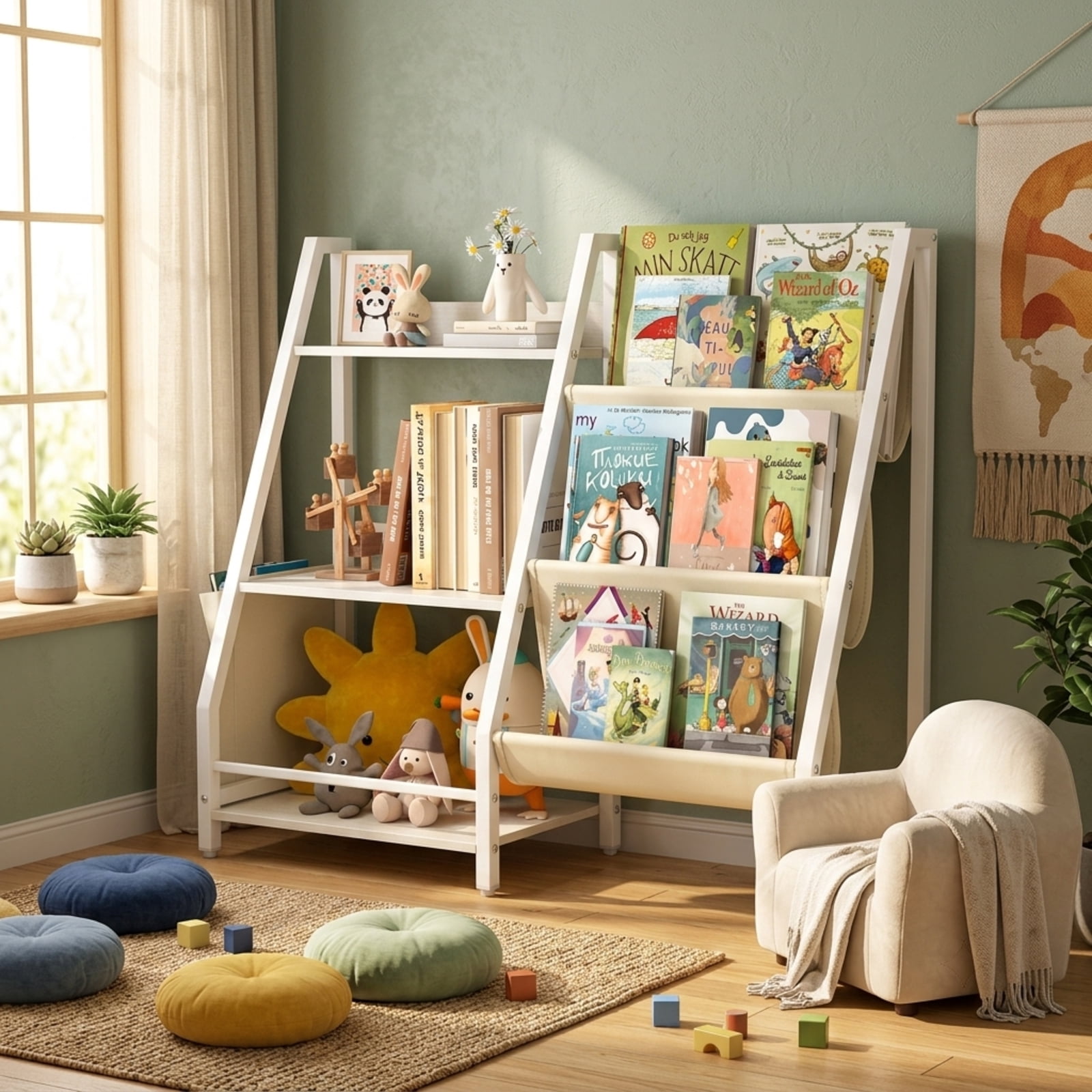 Fenbeli 3-Tier Kids Bookshelf and Toy Storage, White Bookcase with Display Compartments Side Pockets and Anti-Tip Strap, Organizer for Nursery Bedroom and Playroom