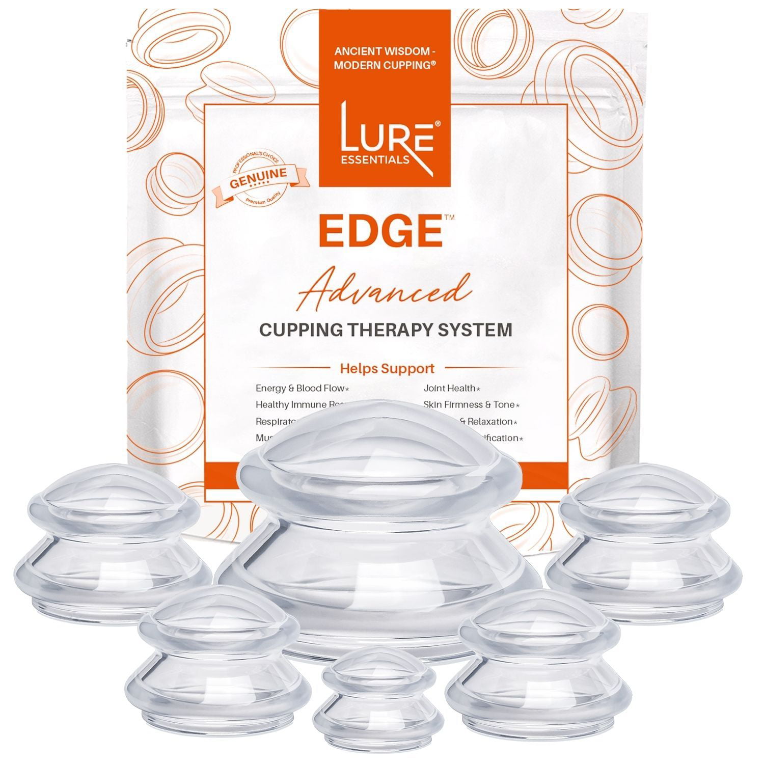 LURE Essentials Edge Cupping Set – Ultra Clear Silicone Cupping Therapy Set  for Cellulite Reduction and Myofascial Release - Massage Therapists and  Home Use (Set of 6, Clear) 