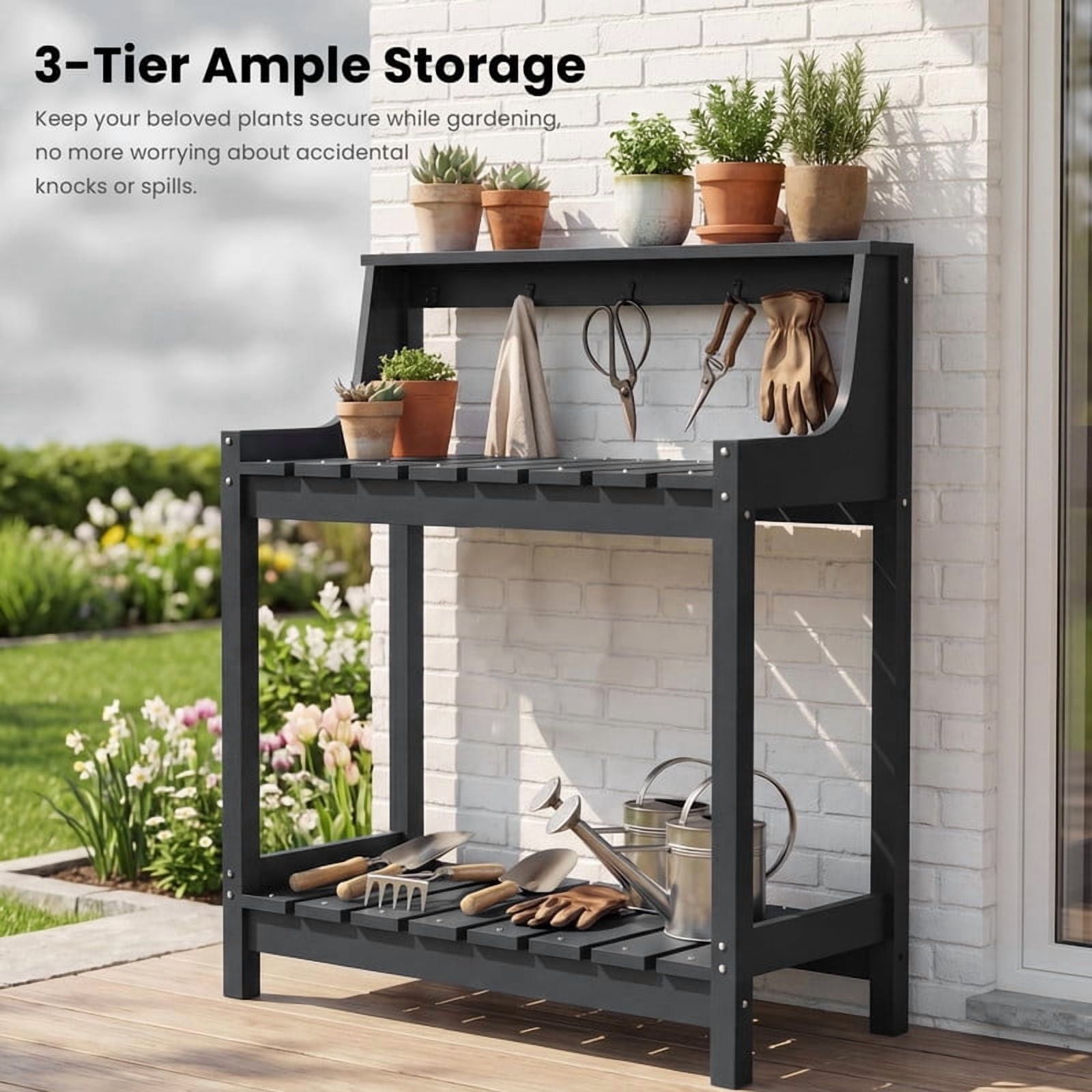 Howcool HDPE Outdoor Potting Bench with Storage & Hooks, 3-Tier Heavy-Duty Garden Workstation Table, All-Weather Potting Table for Patio & Backyard, Grey