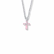 Singer Girl's 5/8 Inch Sterling Silver and Glass Crystal First Communion October Birthstone Baguette Cross Necklace with Stainless Steel Rhodium Plated 16" Chain, Style Birthstone, Cross