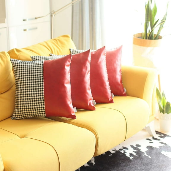 Bohemian Set of 4 Handmade Decorative Throw Pillow Vegan Faux Leather Houndstooth 18" x 18" Black & Red Square for Couch, Bedding