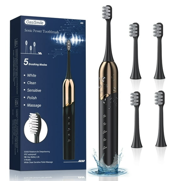 OasiSmile Sonic Electric Toothbrush for Adults, Patented Design 50000 VPM Deep Clean 5 Modes 120-Day Battery Toothbrush with 4 Brush Heads, Black