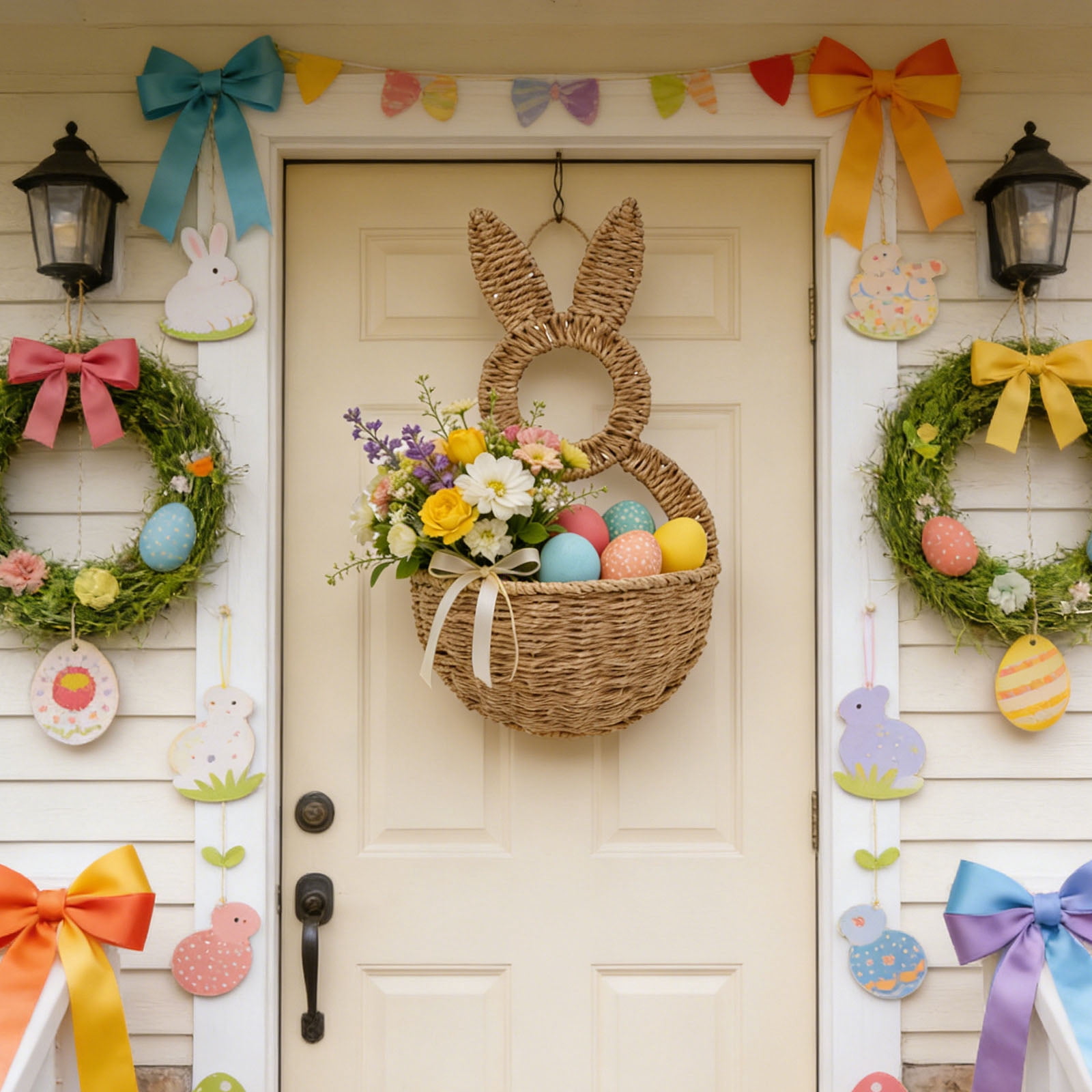 Hare Shape Basket Woven Plastic Easter Basket Wall Ornament For Holiday Decoration Indoor and Outdoor Display