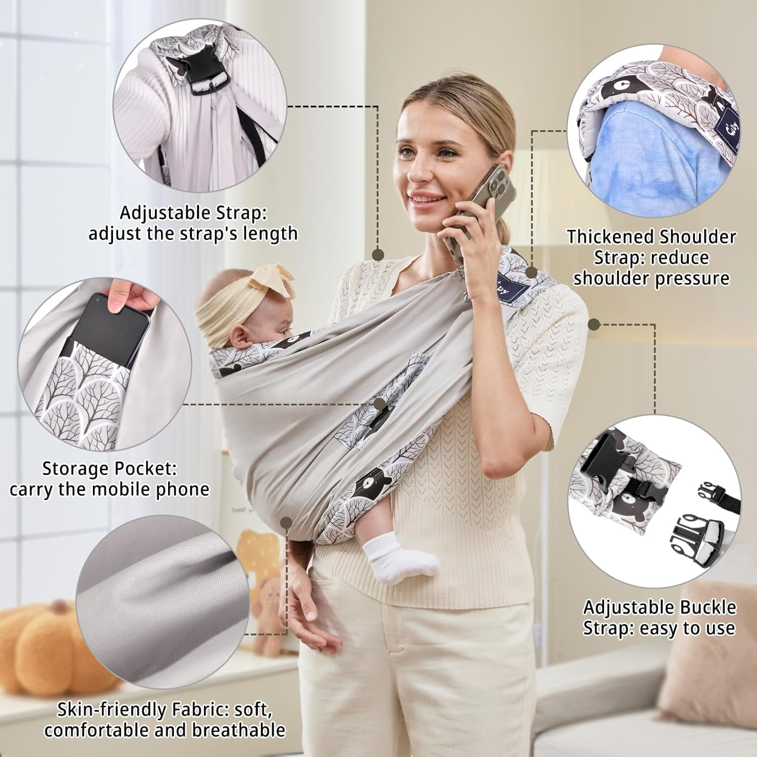 Baby Carrier by Cuby Natural Cotton Baby Sling Baby Holder Extra Comfortable for Easy Wearing Carrying of Newborn Infant Toddler and Ideal for Baby