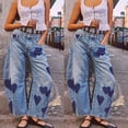 thumbnail image 2 of Women High Waist Heart Print Wide Leg Denim Jeans Casual Straight Loose Fit Streetwear Pants Blue L, 2 of 2