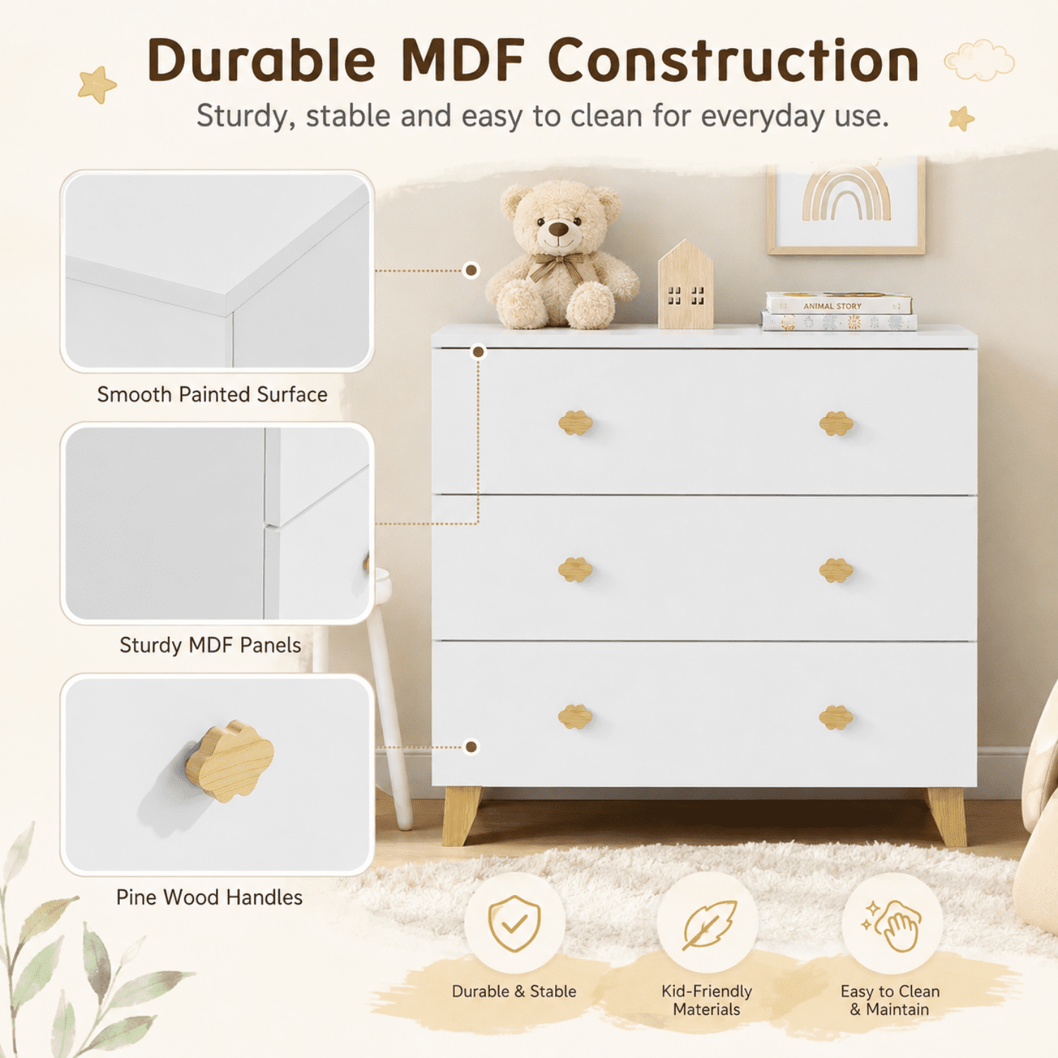 Miniyam 3-Drawer Dresser, Storage Chest with Cloud-Shaped Pine Handles for Bedroom, Nursery and Kids Room, Soft White